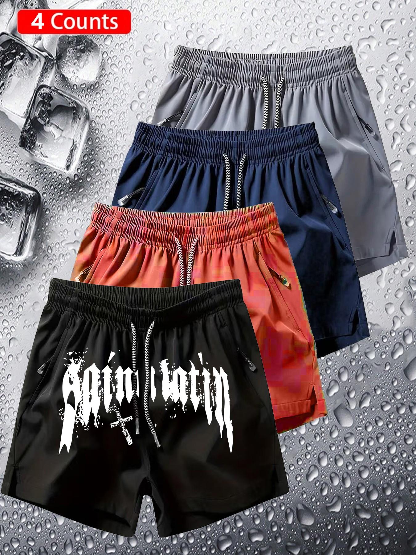 4-Pack Gothic Shorts, Dark Trendy Fashion, Vintage Gothic Font Cross Print, Quick-Dry Breathable Fabric, Unisex, All Seasons