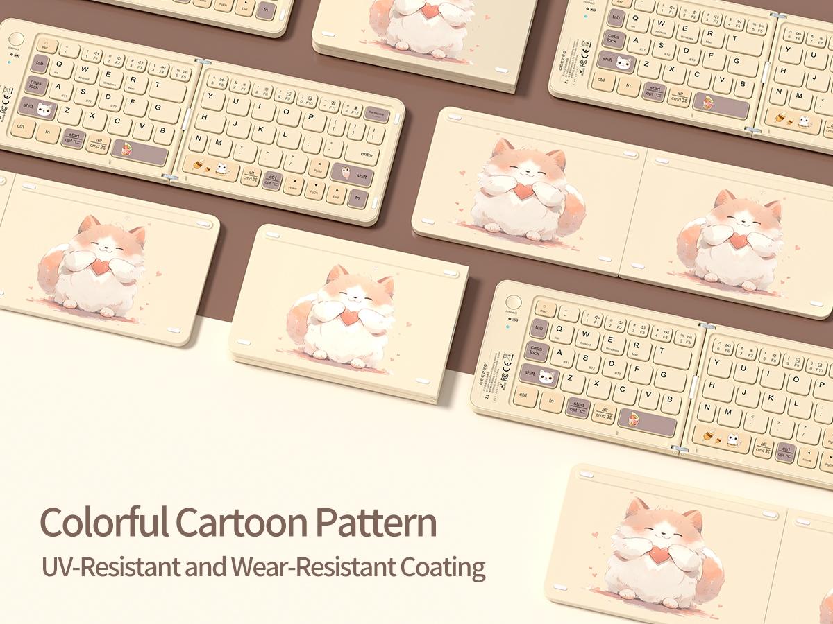 Mofii Foldable Bluetooth Keyboard, Compact & Portable Cat Design, Cartoon Theme, Milk Tea Color, Multi-Device Compatible, US QWERTY Layout, Folding Wireless Keyboard