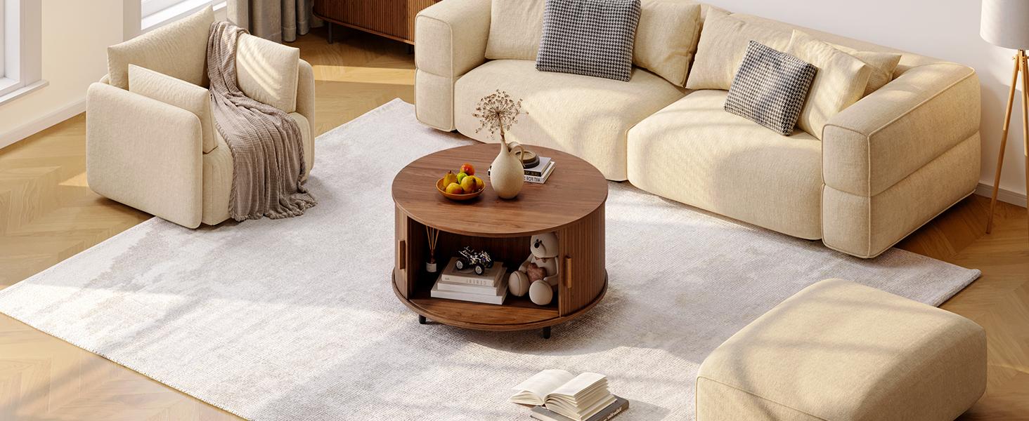 【SPOTLIGHT DAY】ONBRILL 31.5" Round Storage Coffee Table, Fluted Wood Coffee Table with Adjustable Footpads and 360° Curved Sliding Door, Living Room Furniture