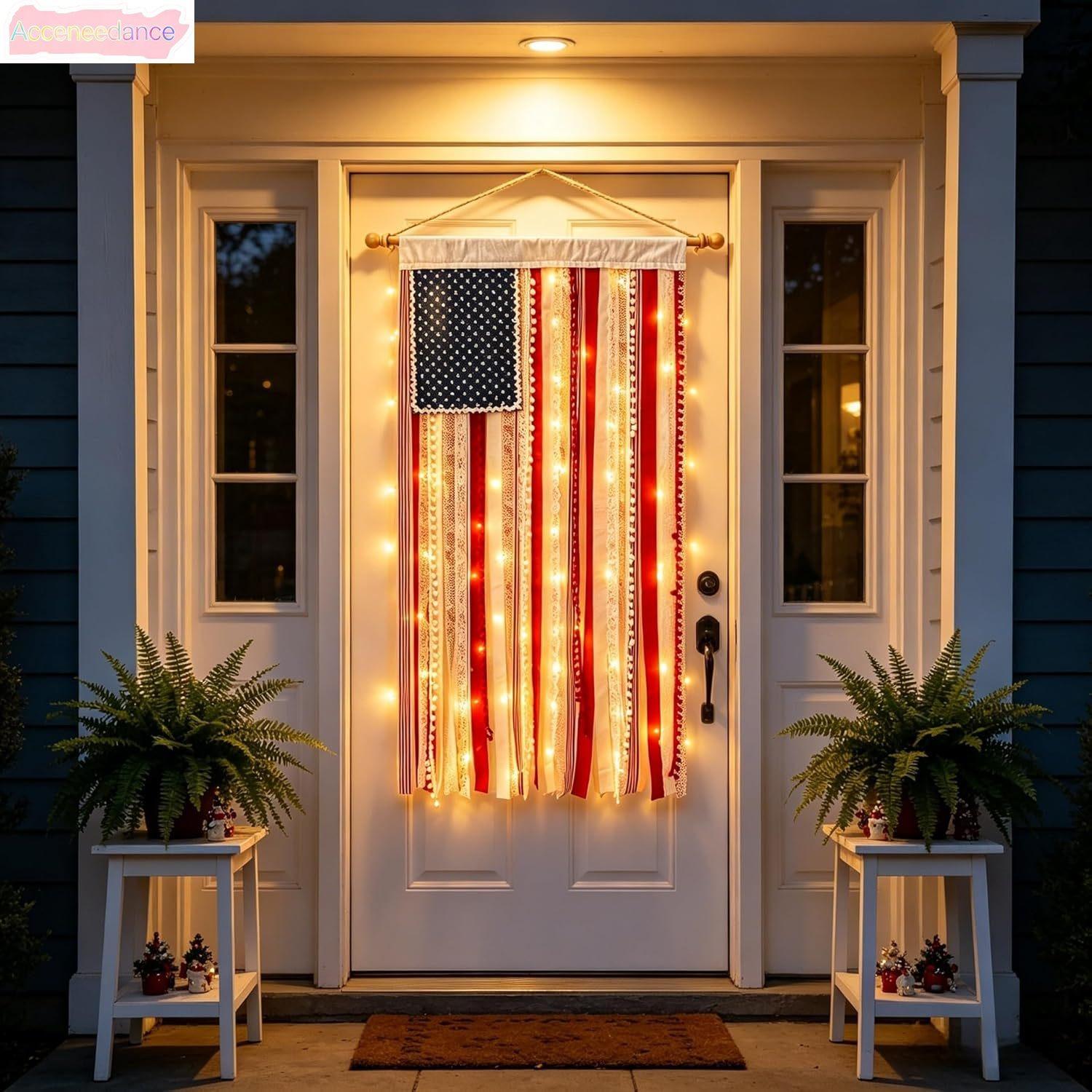 Lighted American Rag Flag Banner With LED Fairy Lights, 4x2.3 Ft Rustic Patriotic Tassel Garland For 4th Of July Decoration, Aesthetic Americana Wall Hanging For Porch Yard Party, Independence Day Celebration Home Decor 250th Anniversary