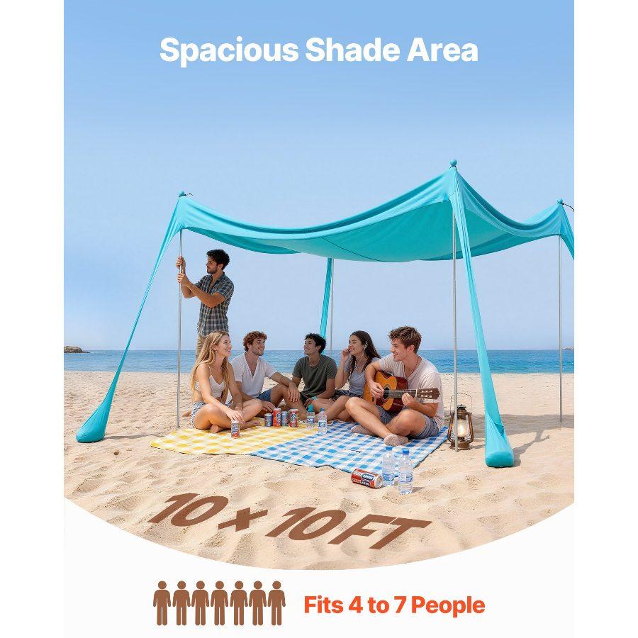 VEVOR Beach Tent Sun Shelter, UPF50+ Sun Protection, 6.6 ft Tall, 10x 10 ft, Easy Pop Up Beach Canopy with Sandbags, Stability Poles, Sand Shovels, Portable Shade for Family Outings, Camping, Fishing