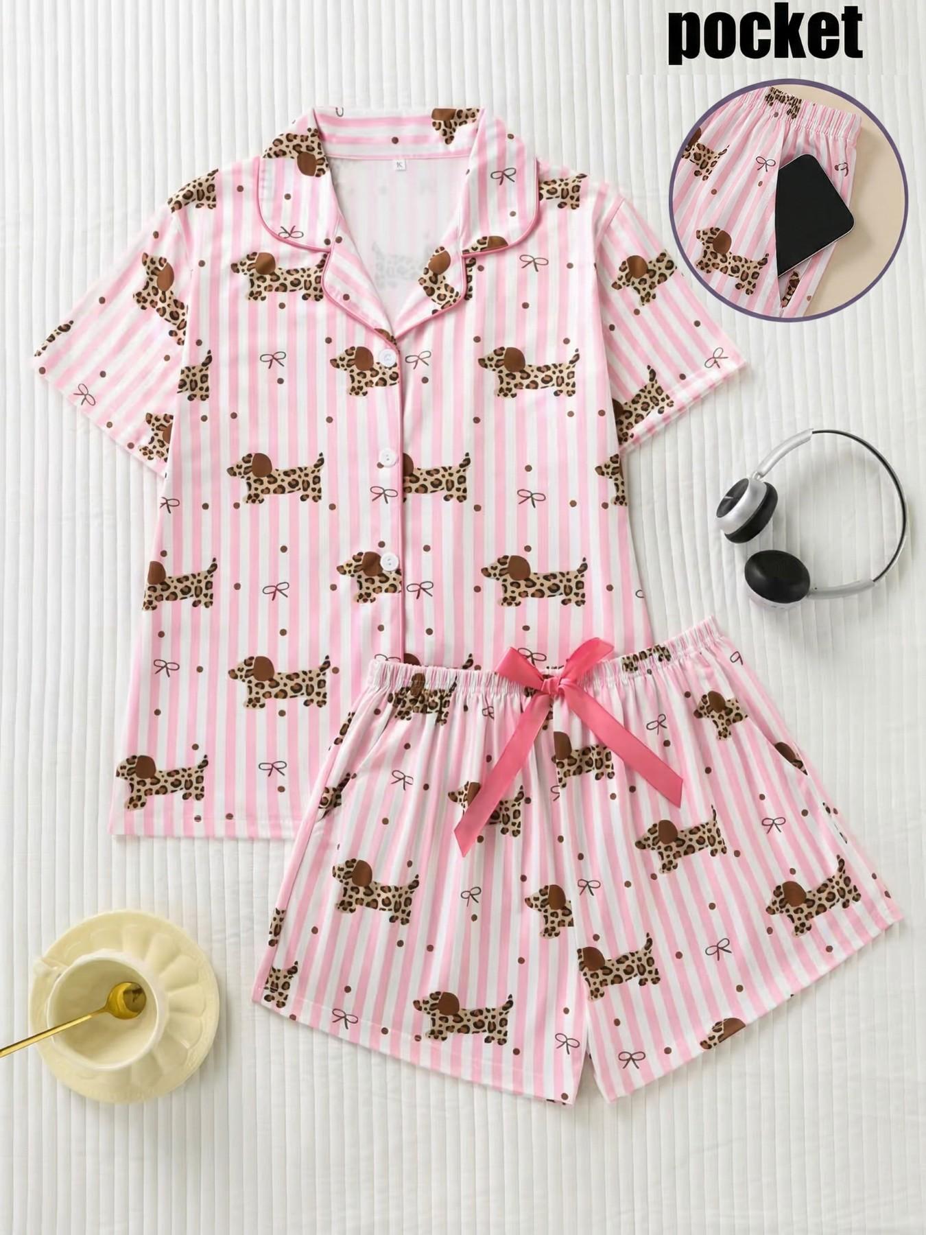 Women's Two-Piece Sleepwear Set, Bow Full-Print Design, Soft & Smooth Fabric, Casual Fitted Style, All Season Comfortable Wear