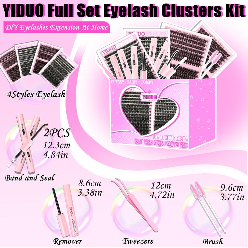 4-Style Lash Clusters Kit, 798pcs/set 10 to 18 mm D-Curl Volume Lashes Eyelash Extensions 60D/80D/100D/150D with Lash Bond and Seal, Remover, Tweezers and Brushes for Easy DIY at Home