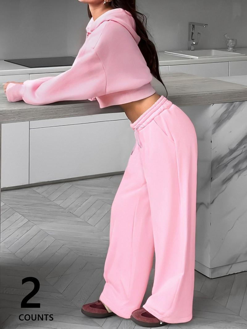 Women's Pink Autumn and Winter Short Sweatshirt and Loose Straight Pants Set, Casual and Fashionable Hooded Long-sleeved Sweatshirt and Sweatpants, Suitable for Daily Outdoor Wear, Comfortable Daily Wear