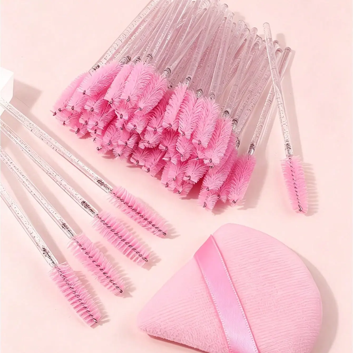 50/10PCSMulti-Function Eyelash Brush Set, Pink Disposable Spiral Mascara Wands For Eyelash Curling, Eyebrow Shaping, Eyelash Extensions, With Powder Puff, Professional Beauty Tool For Beginners And Professionals