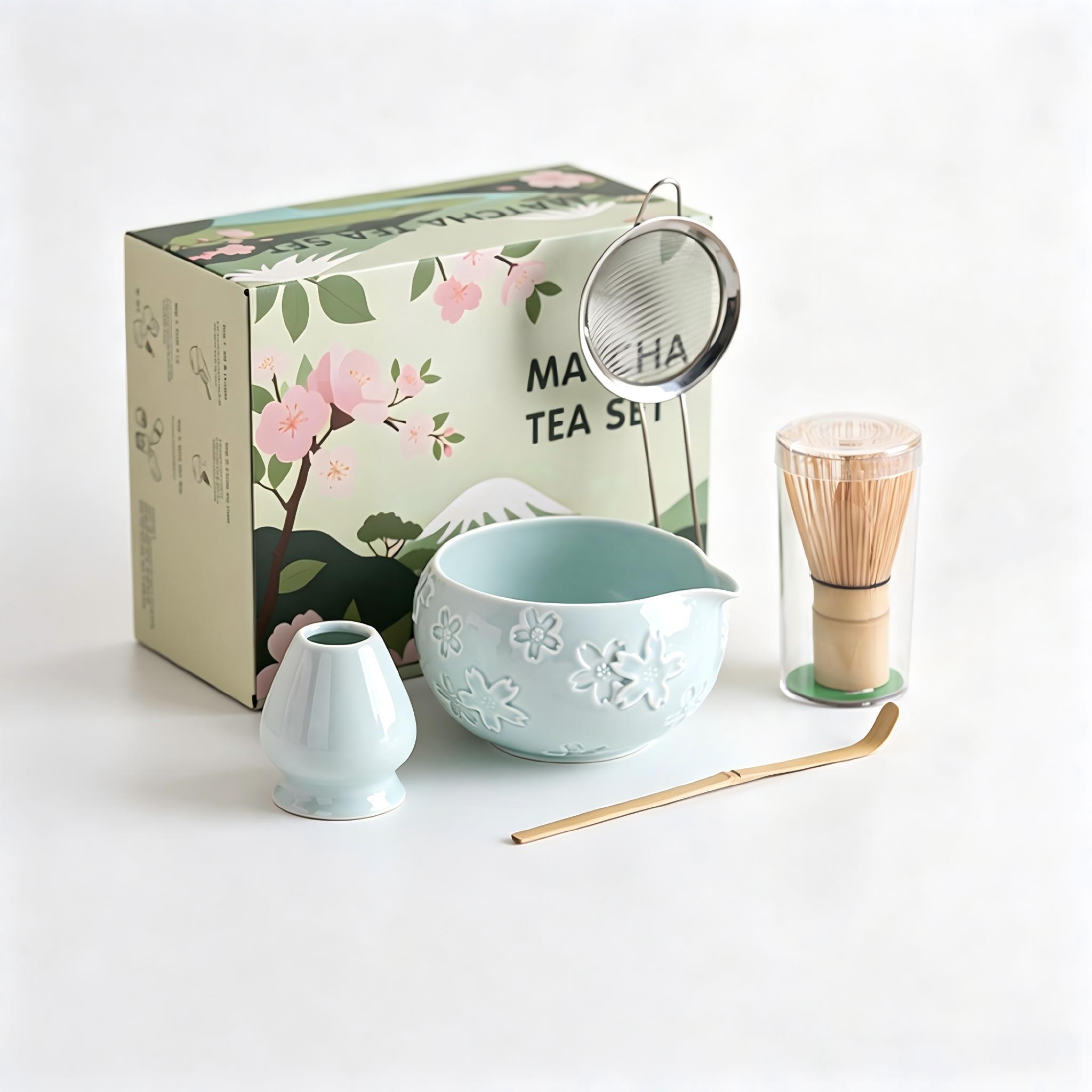 Traditional Japanese Matcha Tea Set, Includes Ceramic Bowl, Bamboo Chasen, Stainless Steel Sieve, Cotton Teapot Spoon, Ideal for Home or Café