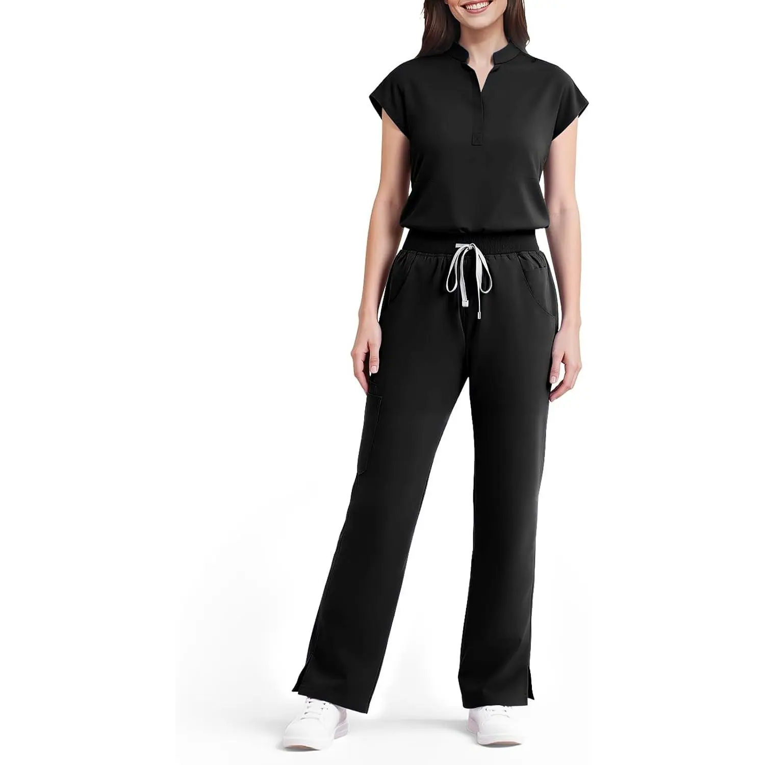 Scrubs for Women Set, Sleeveless 9-Pocket Straight Leg Yoga Waist, Stand-up collar top, straight leg pants side slits. Soft stretch knit. Yoga waist. Wrinkle-free. For nurses/docs/vets.