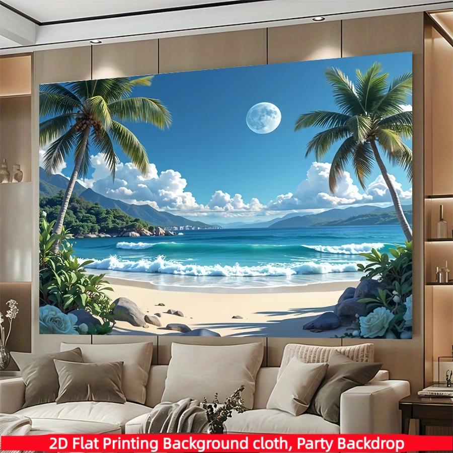 Hawaii Beach Banner, Tropical Party Banner with Palm Trees, Waves, Full Moon, Polyester, Wedding, Birthday, Anniversary Decorations