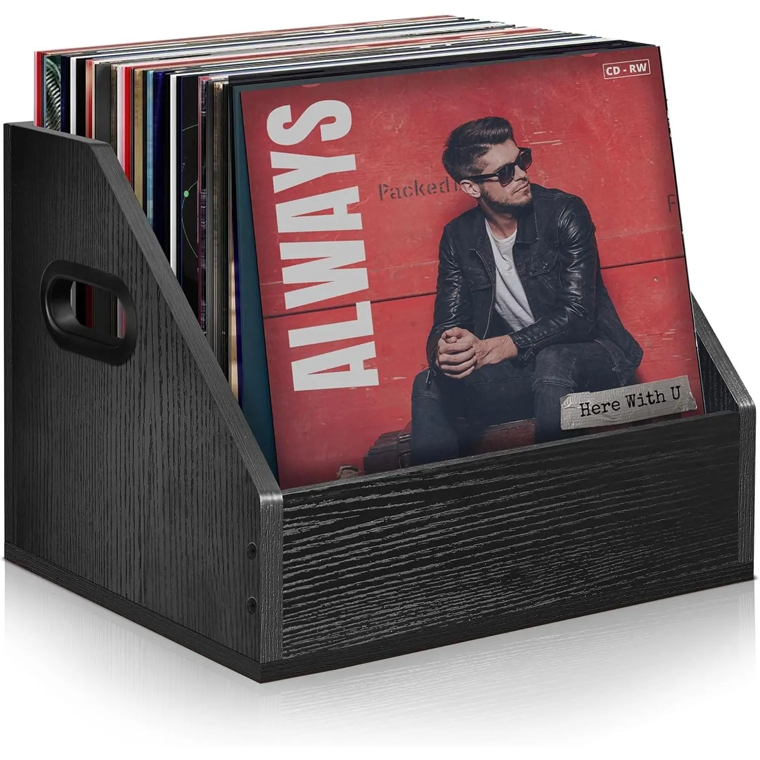 Vinyl Record Storage, Wooden Record Crate Box Case, Vinyl Album Storage Record Holder Holds up to 60+ Records, Desktop Record Organizer for Storage, Decor and Collection Display (Black)