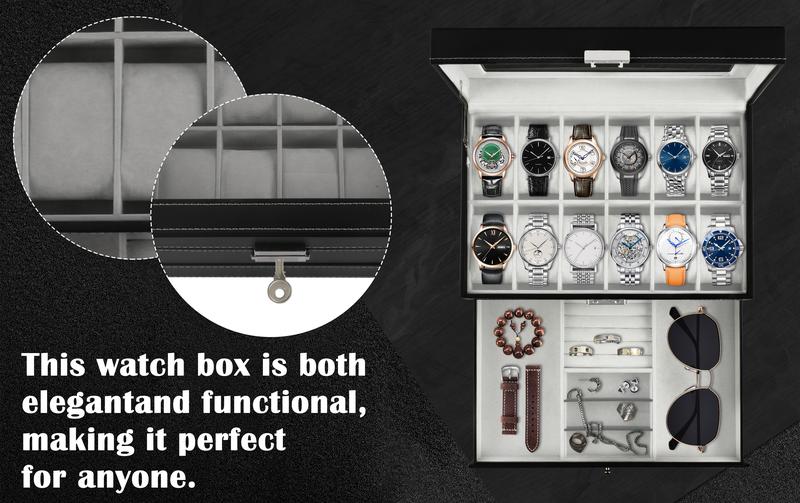 SUNNYGLADE 12 Slot PU Leather Lockable Watch Storage Boxes, Men & Women Jewelry Display Drawer Case, 2-tier Organizer Watch Showcase with Glass Lid (Black)