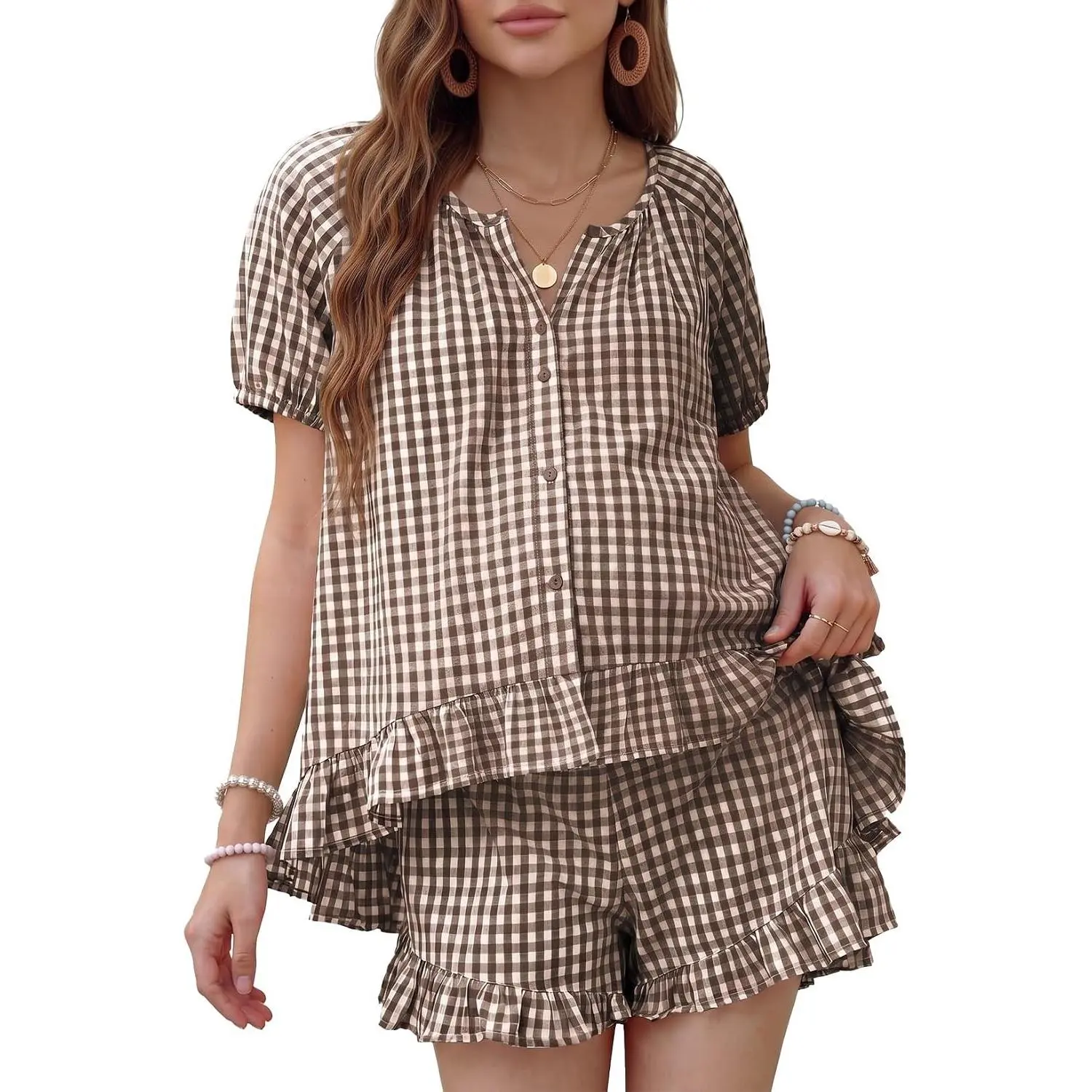 Maternity Clothes 2 PCS Gingham Cotton Pregnancy Pajamas Short Sets | Summer Short Sleeve Button Down Gingham Top and Short Lounge Set,Comfy Sumer Maternity Pregnancy & Postpartum Clothes