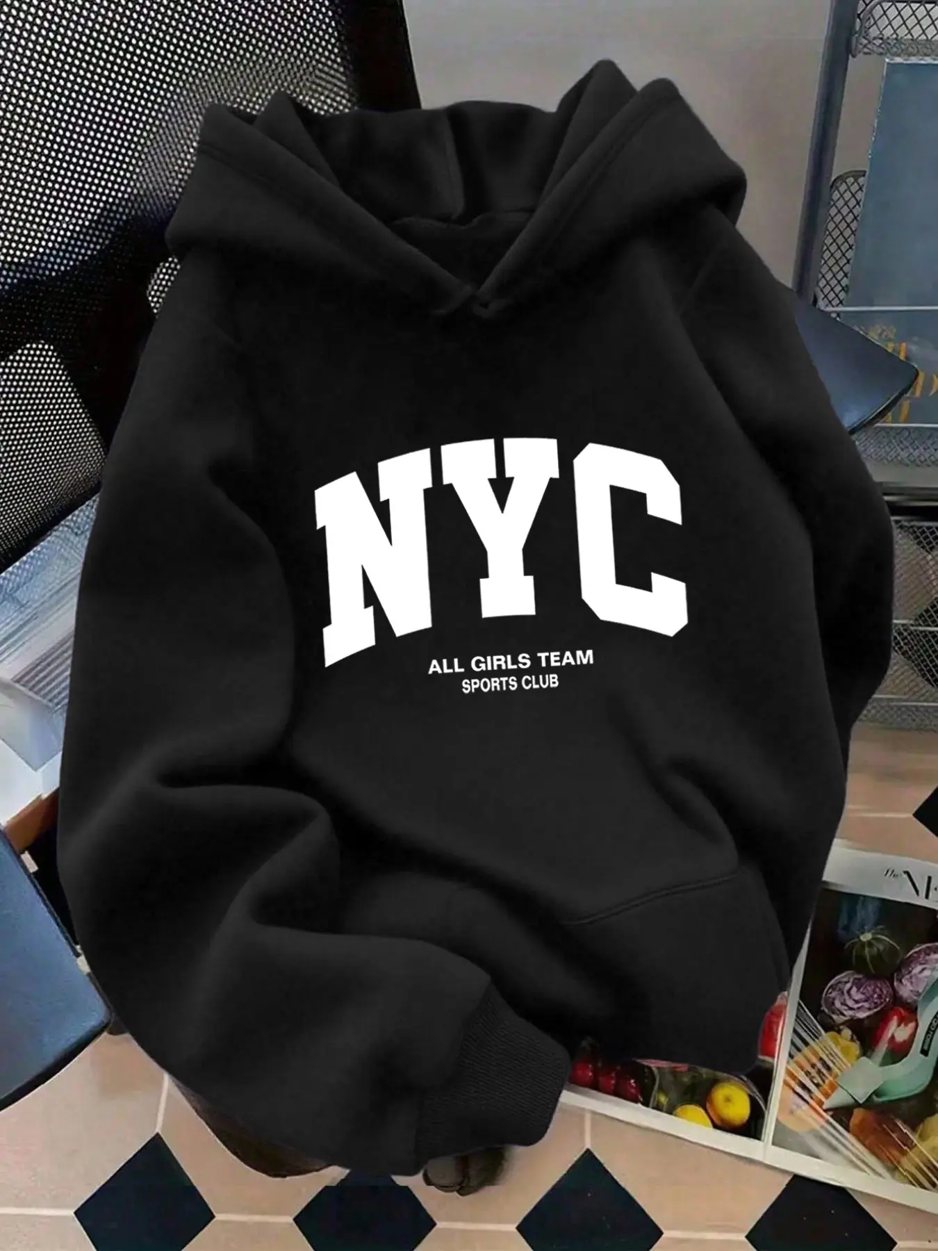 Women's Nyc All Girls Team Sports Club Letter Print Hoodie, Casual Loose-Fit Sweatshirt with Drawstring and Pockets, Fall Winter Apparel