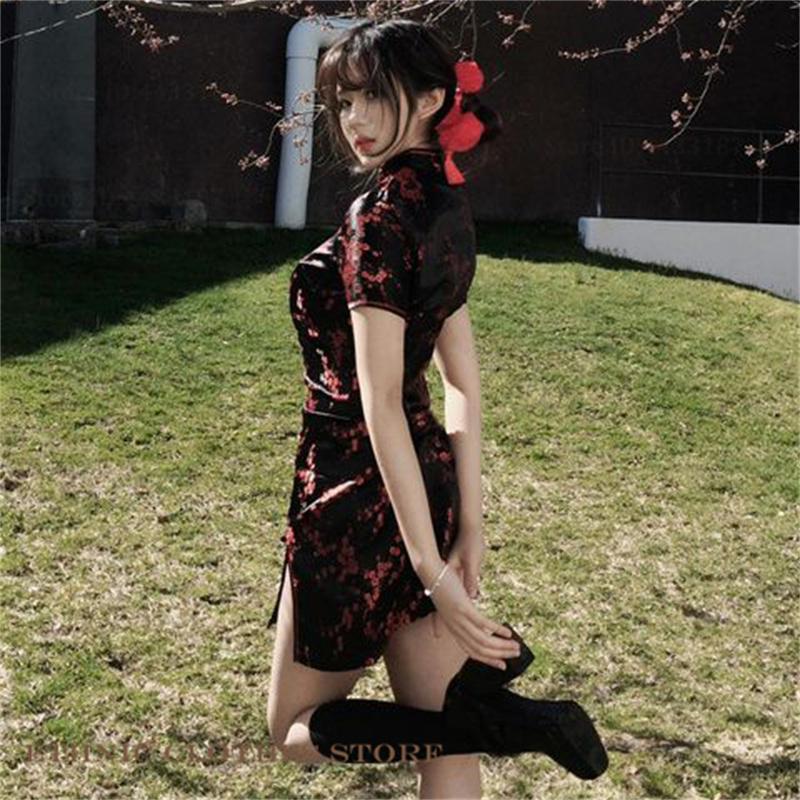 Classic Chinese Style Dress Female Qipao Sexy Short Sleeve Mini Cheongsam Elegant Jacquard Flower Traditional Clothing   Qipao