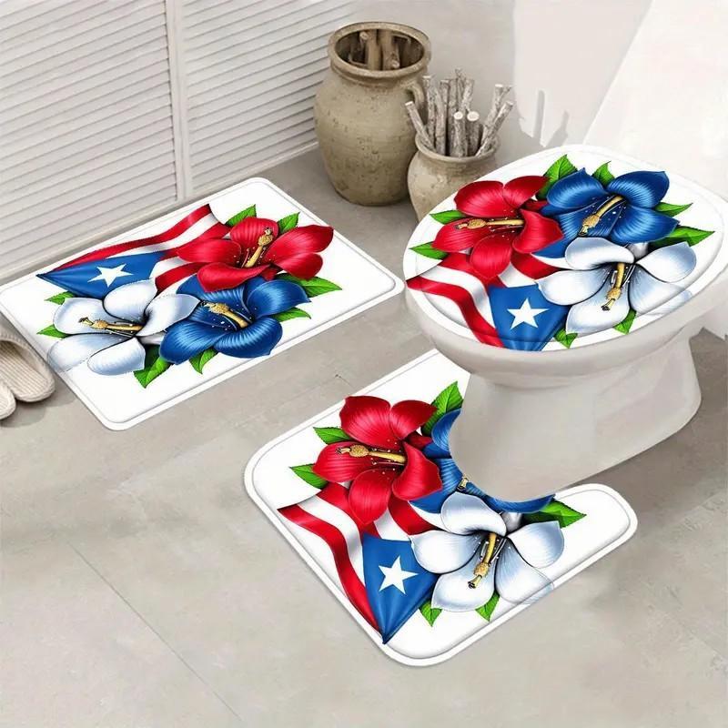 1/4pcs Puerto Rican flag pattern shower curtain set, includes non-slip mat, U-shaped rug, and toilet seat cover. Perfect for bathroom decoration, partitioning, and beautifying the space. Comes with 12 shower curtain hooks. Bathroom Decoration Accessories