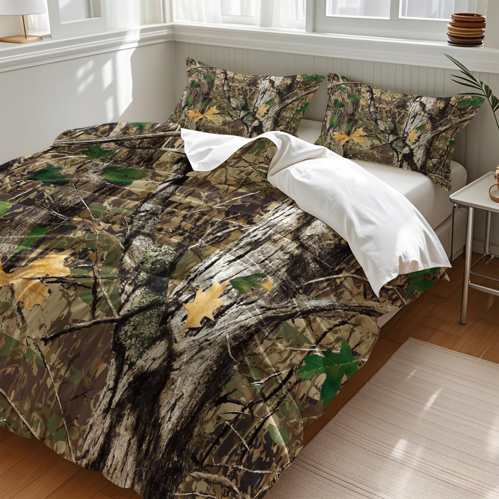 Rustic Hunting Forest Camo Duvet Cover Set, Includes 1 Duvet Cover and 1-2 Pillowcases, Woodland Forest Leaf Camouflage Print Bedding Set, Outdoor Hunter Themed Bedroom Decor for Cabin, Farmhouse & Masculine Men Spaces, Comfy Bedding Set