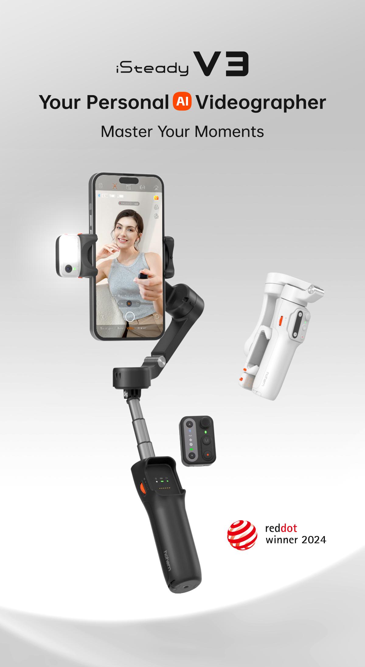 Hohem iSteady V3 New Gimbal Stabilizer for SmartiPhone, 3-Axis Phone Gimbal, Magnetic AI Tracker, Built-in Extendable Rod & Tripod, Detachable Remote Control,selfiestick,Phone Accessories,Suitable for Android & iPhone 17 series, Travel, Vlog, TikTok