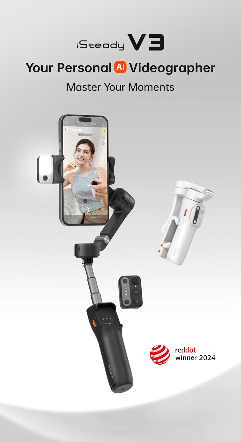 Hohem iSteady V3 New Gimbal Stabilizer for SmartiPhone, 3-Axis Phone Gimbal, Magnetic AI Tracker, Built-in Extendable Rod & Tripod, Detachable Remote Control,selfiestick,Phone Accessories,Suitable for Android & iPhone 17 series, Travel, Vlog, TikTok