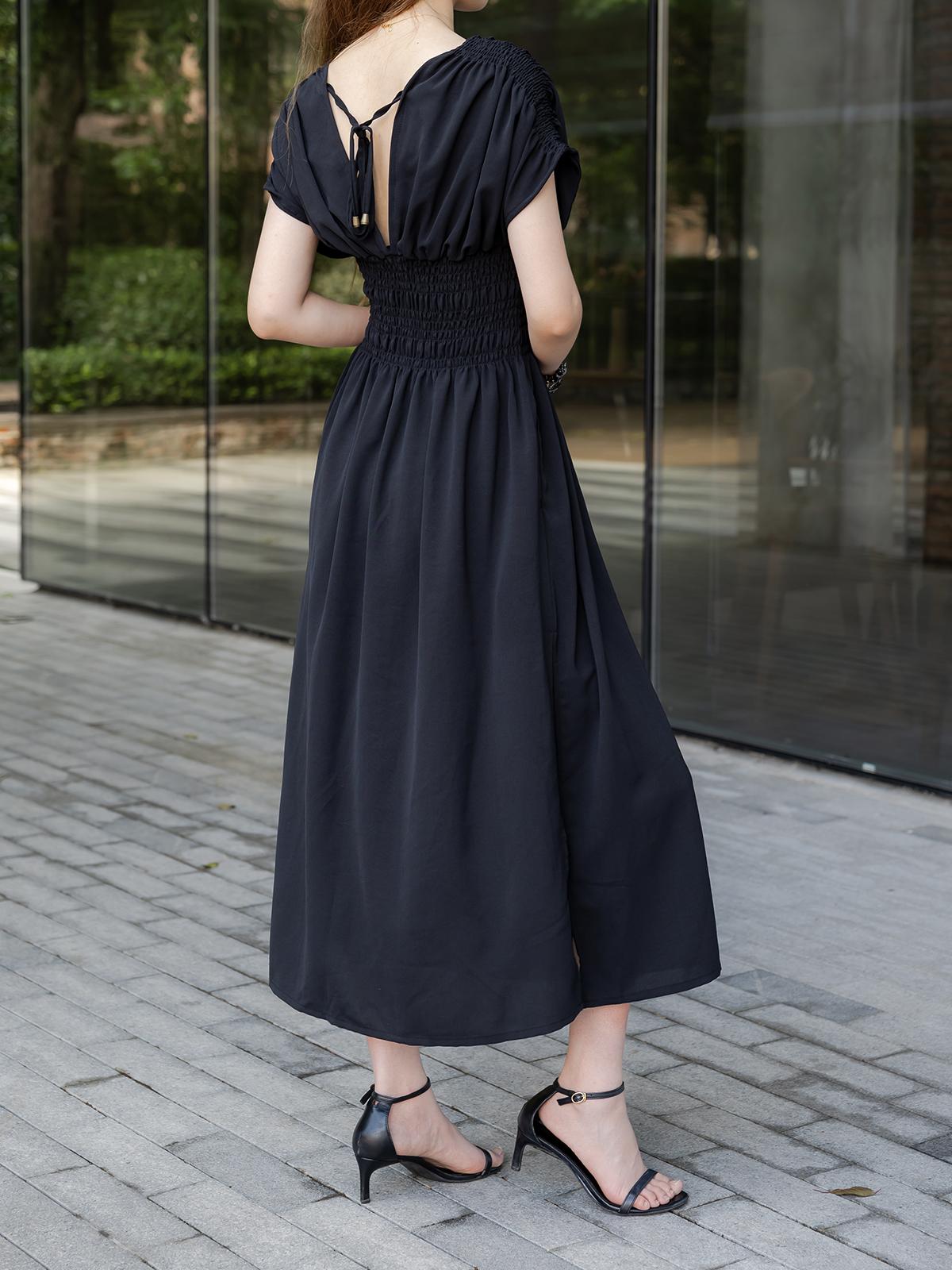 MIDIROSS Comfy V-Neck Maxi Dress in Elegant Black for Daily Wear, Vacations & Weddings - Chic Polyester Casual Dress with Shortsleeve Fit