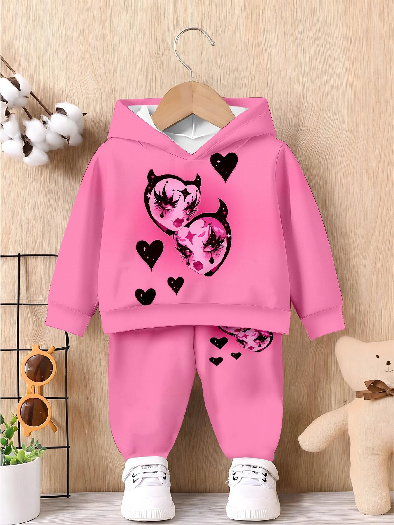 Girls' Sweet Cool Hoodie Set, Heart Devil Cartoon Print, Loose-Fitting Long Sleeve Sweatpants, Trendy Kids Fashion