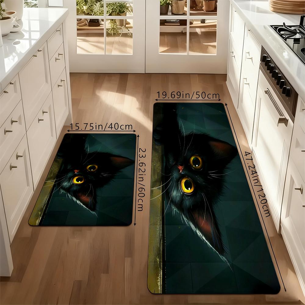 Cute Black Cat Kitchen Rug Set, Kitten Non-Slip Washable Floor Mats, Cute Animal Runner Rugs for Kitchen, Living Room & Cat Lover Home Decor
