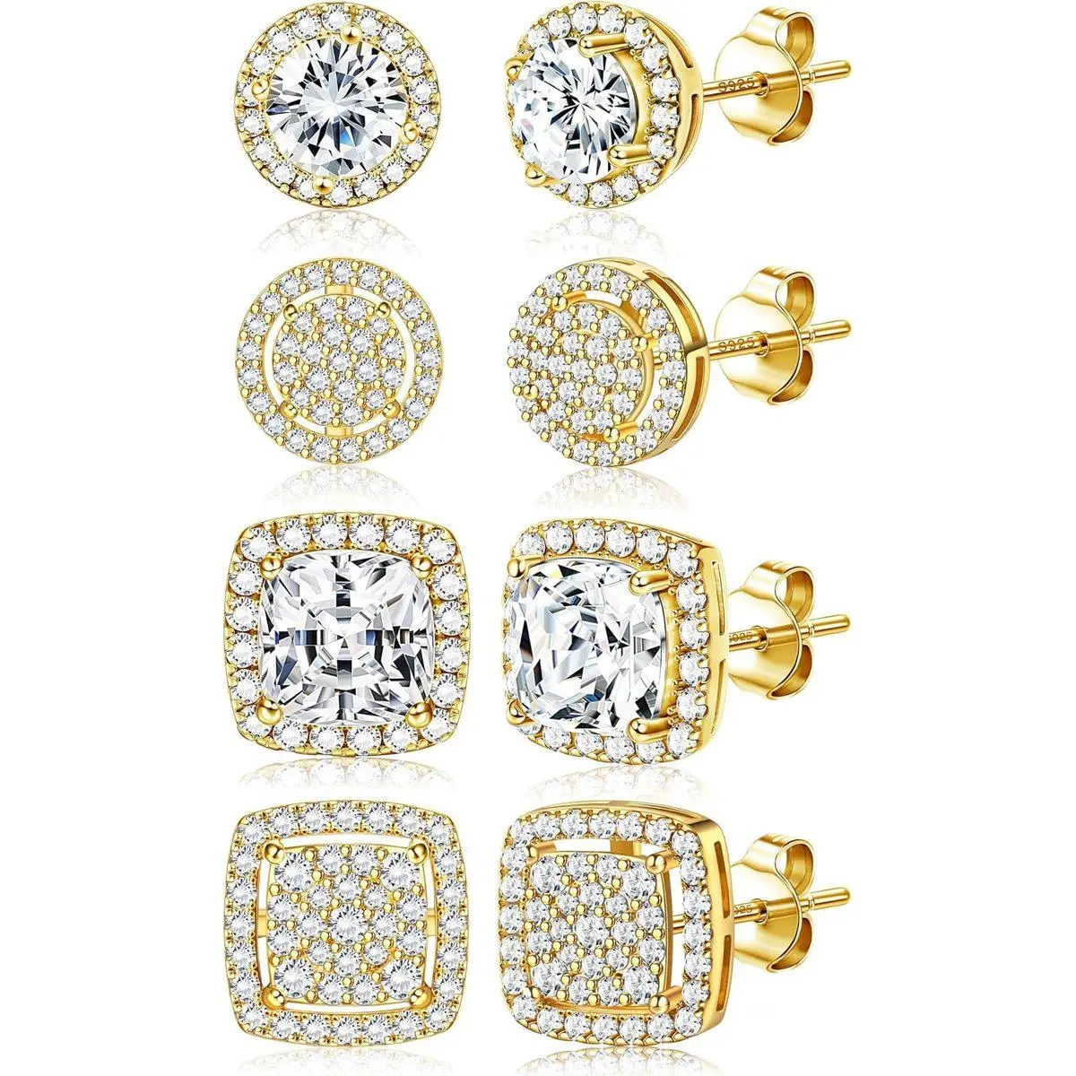 Fansilver Cubic Zirconia Stud Earrings Set for Men & Women - 4 Pairs (2 Square 10x10mm, 2 Round 8.5–8.8mm) 925 Sterling Silver Posts 20G Hypoallergenic Butterfly Clasp Everyday & Formal Wear Blackfriday
