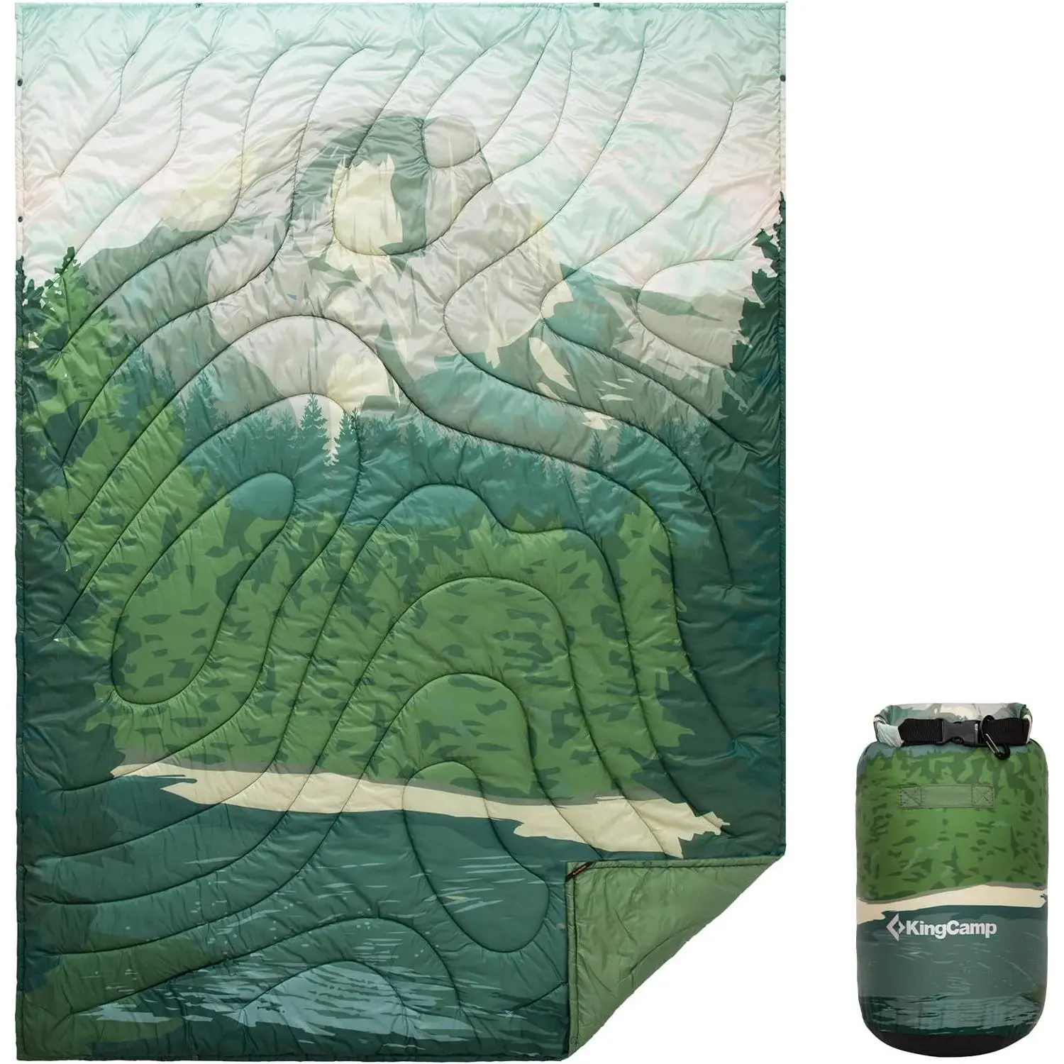 KingCamp Ultralight Camping Blanket, Wearable Packable Blanket 79"x57" | Down Alternative Puffy Printed Blanket with Snap Buttons & Corner Loops Weatherproof Quilt for Outdoor Travel Stadium