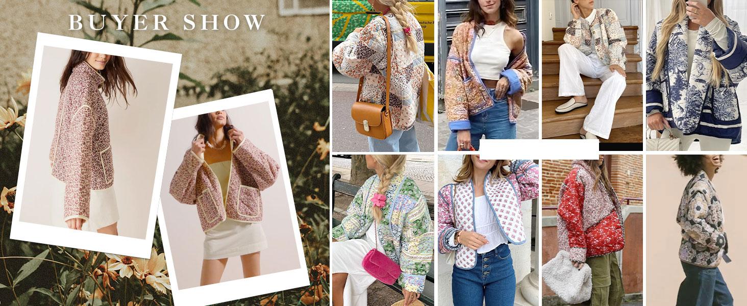 Ommig Women's Cropped Floral Quilted Jacket Cardigan Printed Lightweight Open Front Padded Puffer Coat