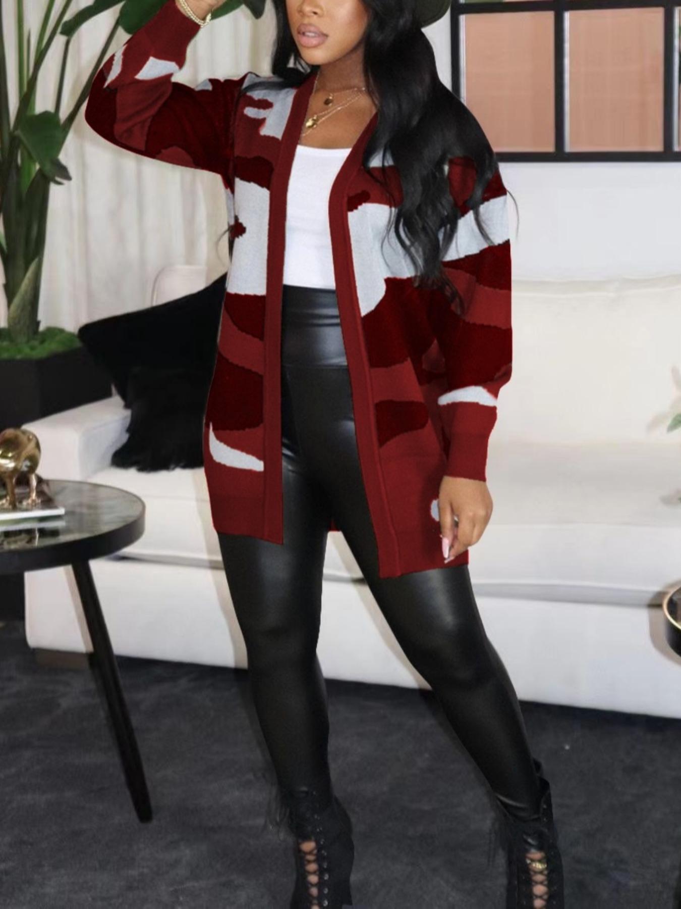 Women's Camo Print Open Front Cardigan, Loose, Casual Long Sleeve Drop Shoulder Knit Outerwear, Ladies Fall & Winter Clothes, Women Fall Outfit, Colorblock Midi Cardigan Sweater