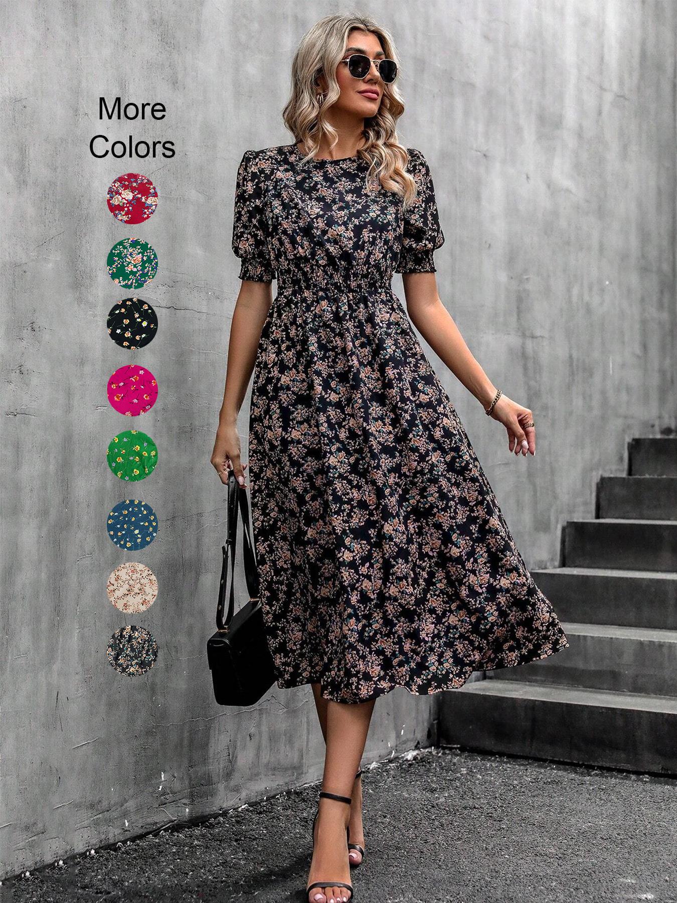 Women's Floral Print Bubble Hem Dress, Round Neck Waist Cinched Design, Boho Style Midi Skirt, Fitted Short Sleeve, All Seasons