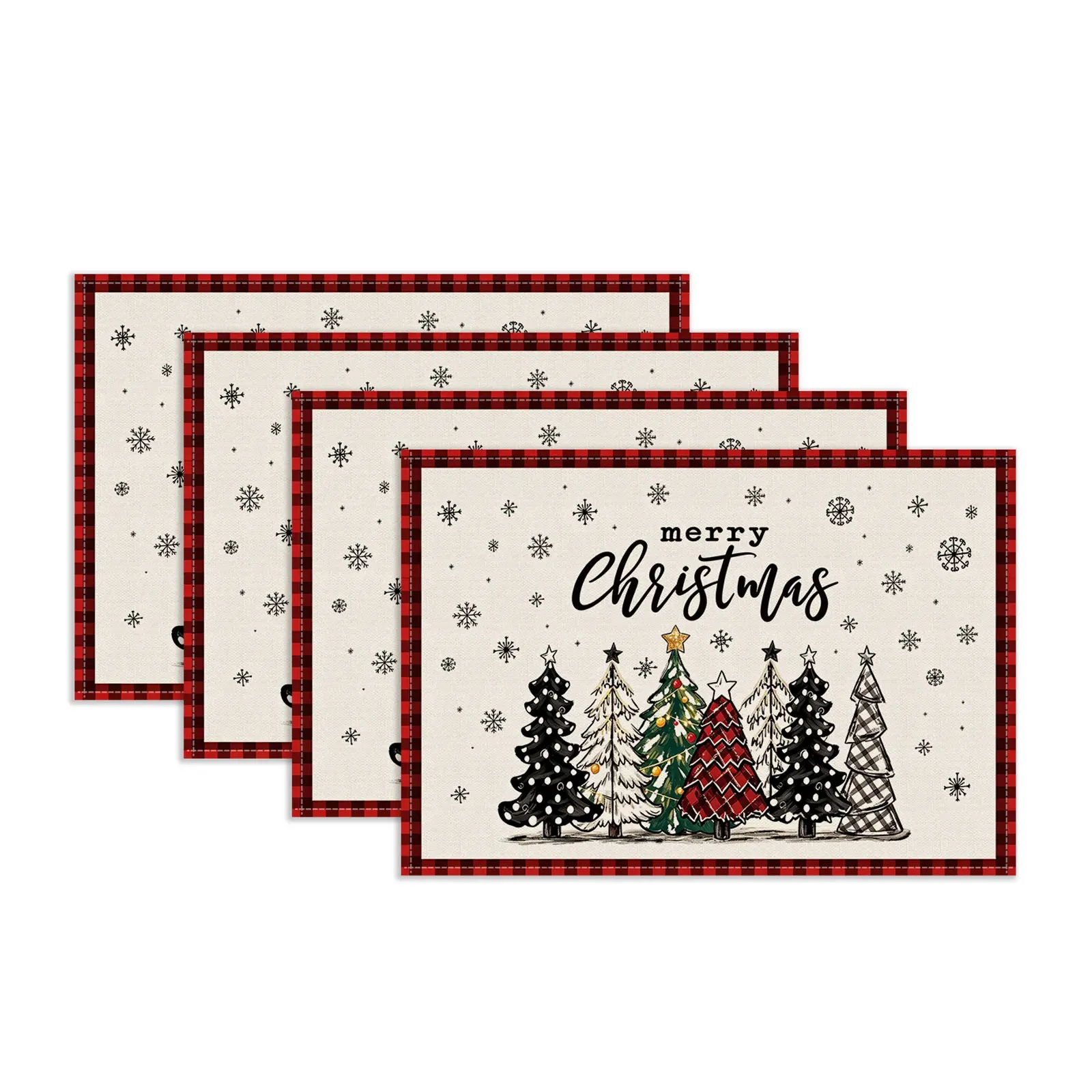 4/5/6/7Pcs Christmas Table Runner & Placemats Set, Black‑Red Buffalo Plaid with Snowflake & Christmas Tree Print, Heat‑Resistant Table Mats for Gatherings, Festive Tablescape Decor for Indoor and Outdoor Christmas Occasions