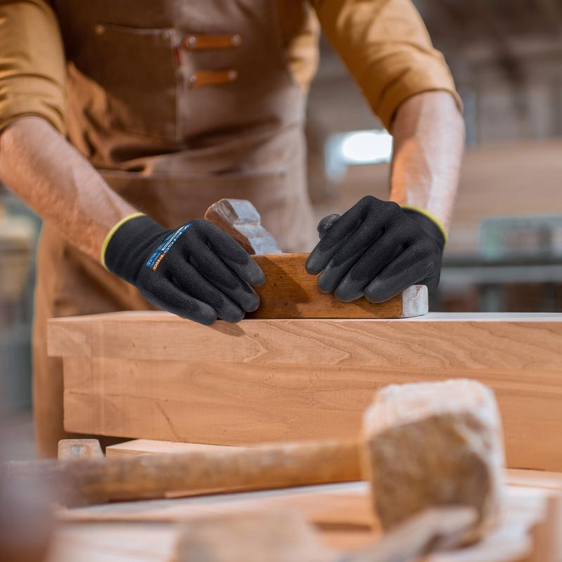 Outdoor Activity Gloves. KAYGO Safety Work Gloves PU Coated for Men and Women- KG11PB,12 Pairs,Seamless Knit Glove with Two Fingers Touchscreen,Ideal for General Duty Work (Large,Black)