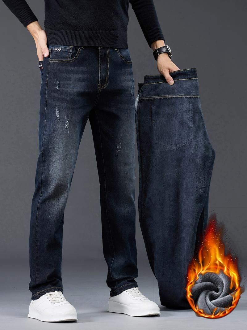 Men's Washed Denim Jeans, Thickened Fleece Lined Straight Leg Casual Pants, Fall Winter Fashion, Slimming & Height-Enhancing Design