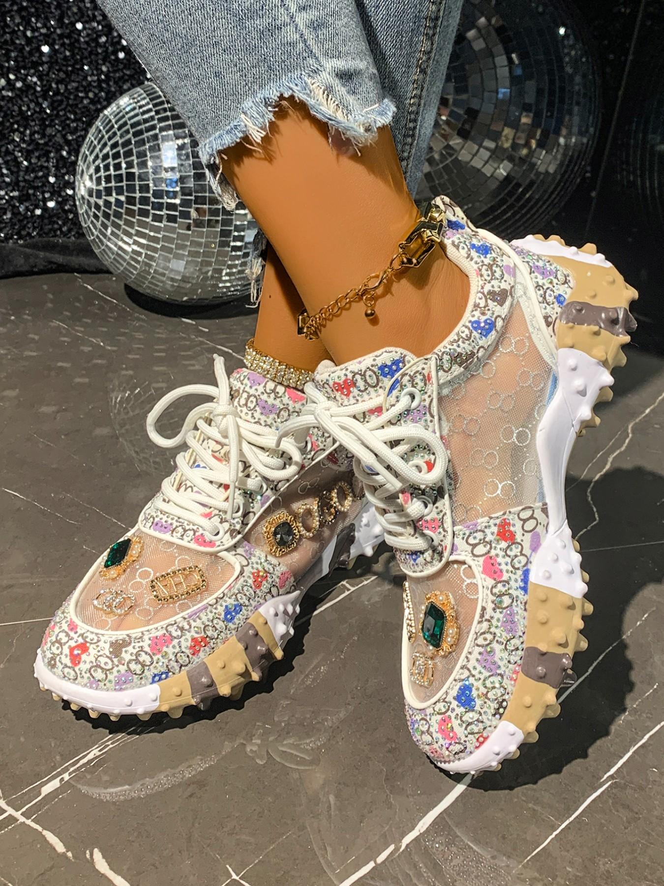 Sweet Cool Full Diamond New Street Casual Sports Shoes, Textile Upper, Rubber Sole, All Seasons, Less Than Ankle Height, Plain Style