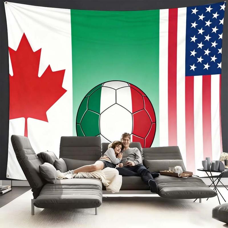 1 pc microfiber FIFA World Cup Tapestry Wall Hanging Soccer Flags Decor Living Room Dining Room Bedroom Outdoor Holiday Atmosphere Enhancement Green Red White American Canadian Flag Soccer Ball Art Multinational Sports Theme Stylish Decorative Background