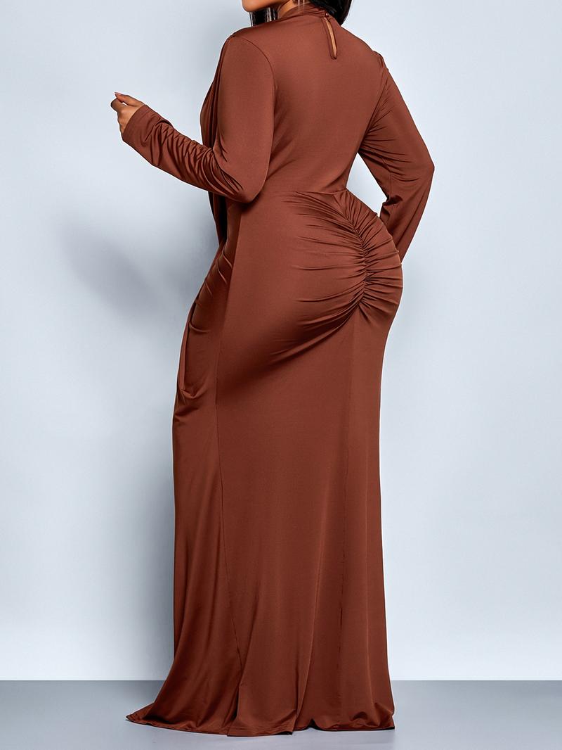 Women's Elegant Fall Winter Plus Size Dress, Stand Collar Ruched Bodycon, Long Sleeve Plain Design, Fashionable Commuter Wear