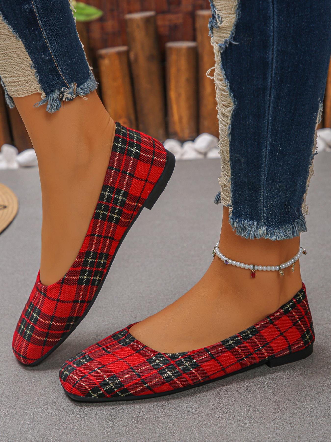 Women's Vintage Fashion Plaid Flat Shoes, Square Toe Casual Sneakers for Daily Wear, Perfect for Dresses and Pants, Halloween Choice