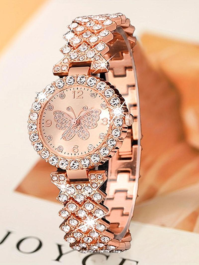 1 piece of fashionable Roman pattern diamond inlaid women's watch, women's watch quartz watch bracelet, women's watch paired with 1 trendy and versatile heart-shaped skeleton bracelet Exquisite Watch Set