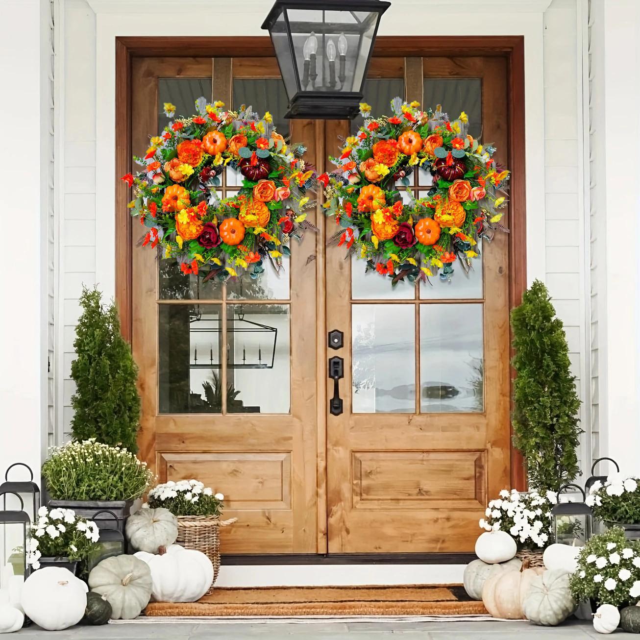 Classic Pumpkin Design Non-Woven Simulated Artificial Wreath (45cm/17.72in) - Lightweight, High-Quality Decoration with Realistic Texture, Bright Color, Strong Durability, Flower Filler for Autumn Front Door, Indoor-Outdoor Home Decor