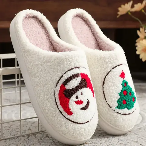 Women's Christmas Themed Plush Slippers, Snowman & Christmas Tree Pattern House Slippers, Casual Soft Comfortable Home Shoes, Fashionable Slippers, Warm Slippers for Indoor & Outdoor Use for Fall & Winter