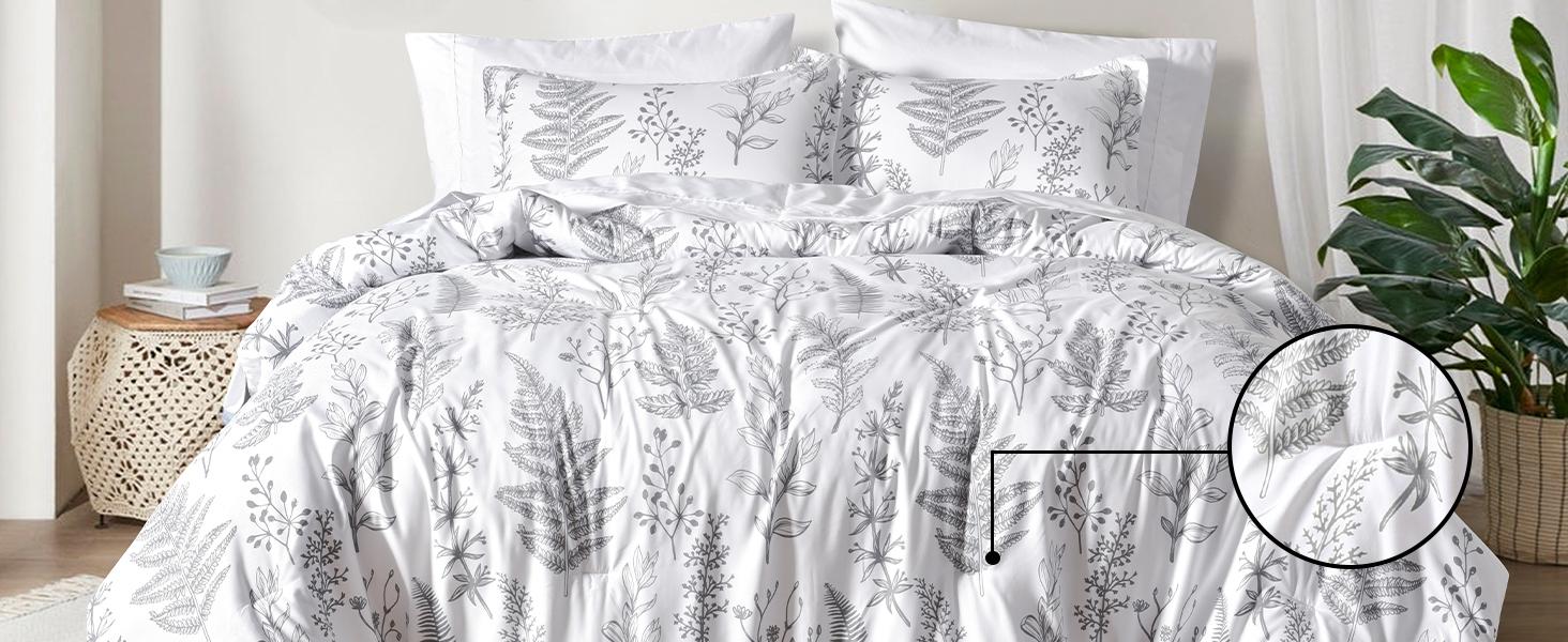 PHF 7/3 counts/set Comforter Set, Reversible Botanical Bedding Set Includes Comforter, Pillow Shams, Flat Sheet, Fitted Sheet, and Pillowcases, Gifts