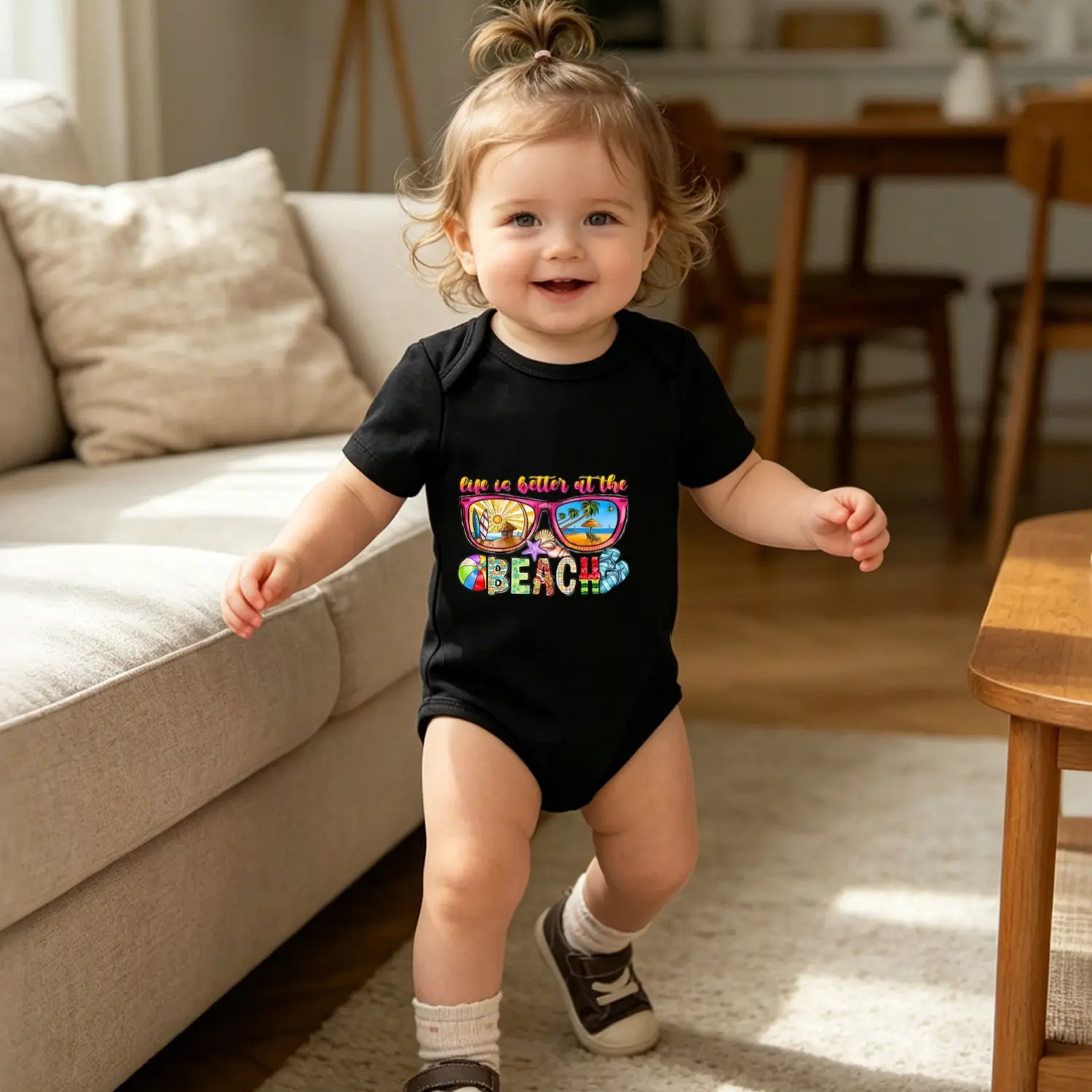 Baby Boys-Girls Short-Sleeve Bodysuit - Retro Sunglasses Beach Print Letter Graphics, Soft Breathable Cotton Easy-On/Off Summer Vacation Romper