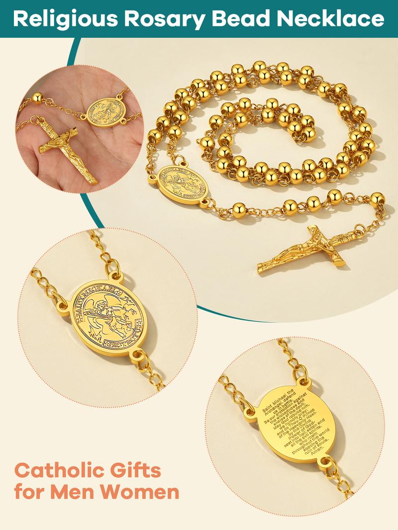 FindChic St Michael Rosary Bead Cross Necklace Stainless Steel Christian Praying Rosary Y Necklace Jewelry Unisex For Women Men