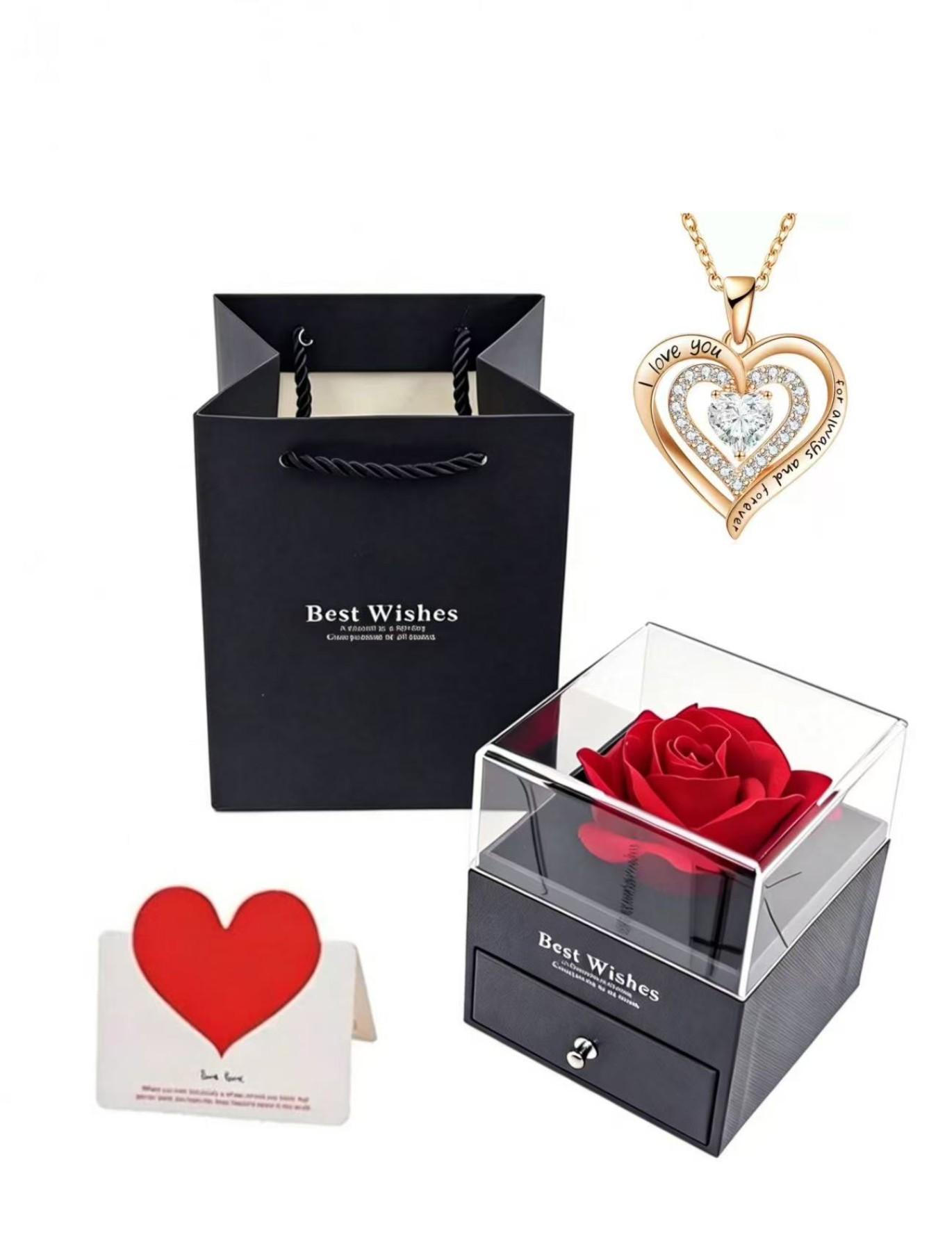 Heart-Shaped Gemstone Necklace Rose Flower Gift Box, Valentine's Day Gift for Girlfriend, Mother's Day Gift for Mom, Love Expression Gift