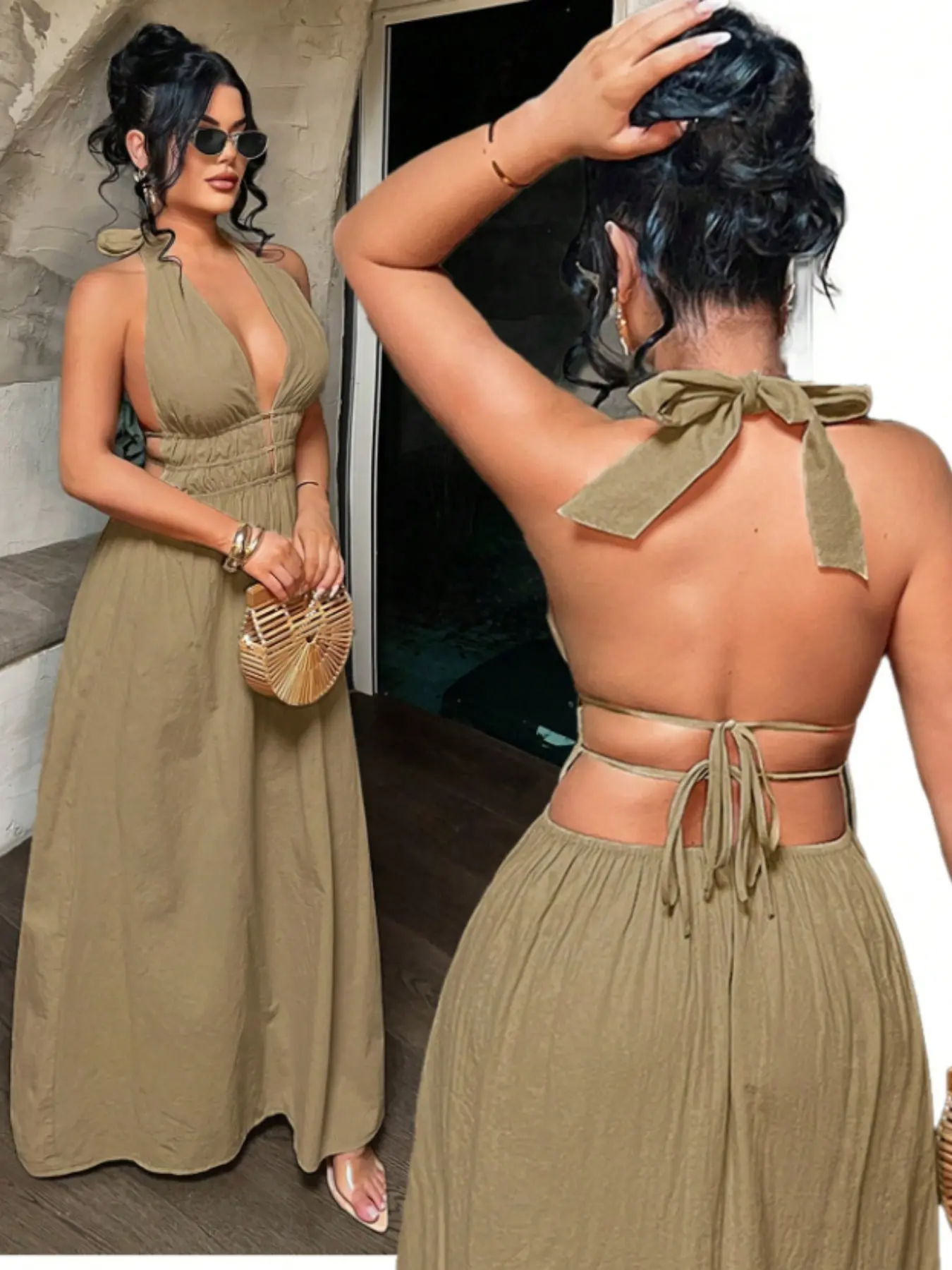 Women's Solid Color Deep V Neck Pleated Design Sexy Dress, Essential Summer Fashion Item for Women, Stylish and Alluring Evening Wear
