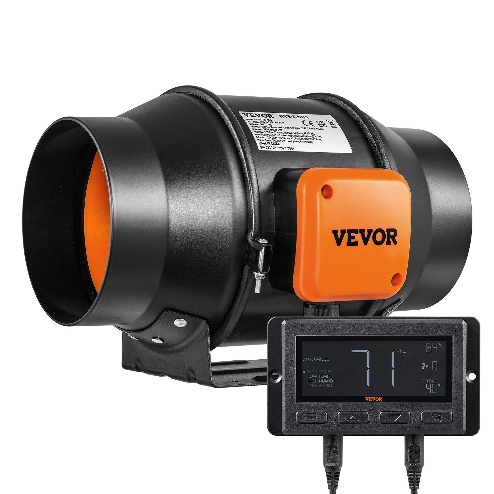 VEVOR 6-inch EC Inline Duct Fan Ventilator, 402 CFM with Temperature & Humidity Controllers, Quiet Motor Exhaust Fan for Grow Tents, Hydroponics Cooling Boosters (EC 6-inch Ventilator)