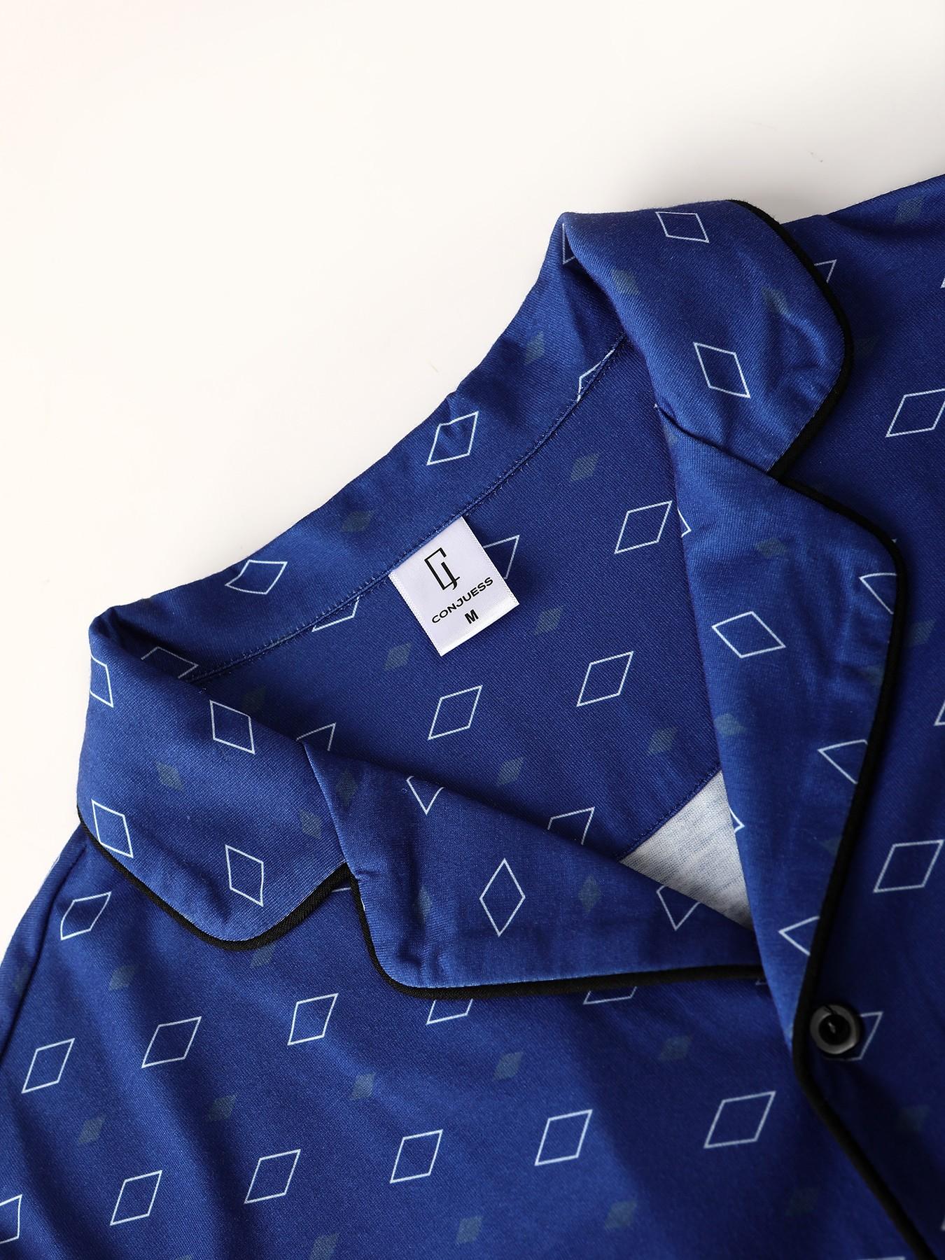 Men's Navy Blue Geometric Print 2-Piece Pajama Set - Notch Collar Button-Down Shirt + Elastic Cuff Pants, Soft Breathable Fabric, Relaxed Fit for At-Home Lounging, Sleep & Lazy Weekends