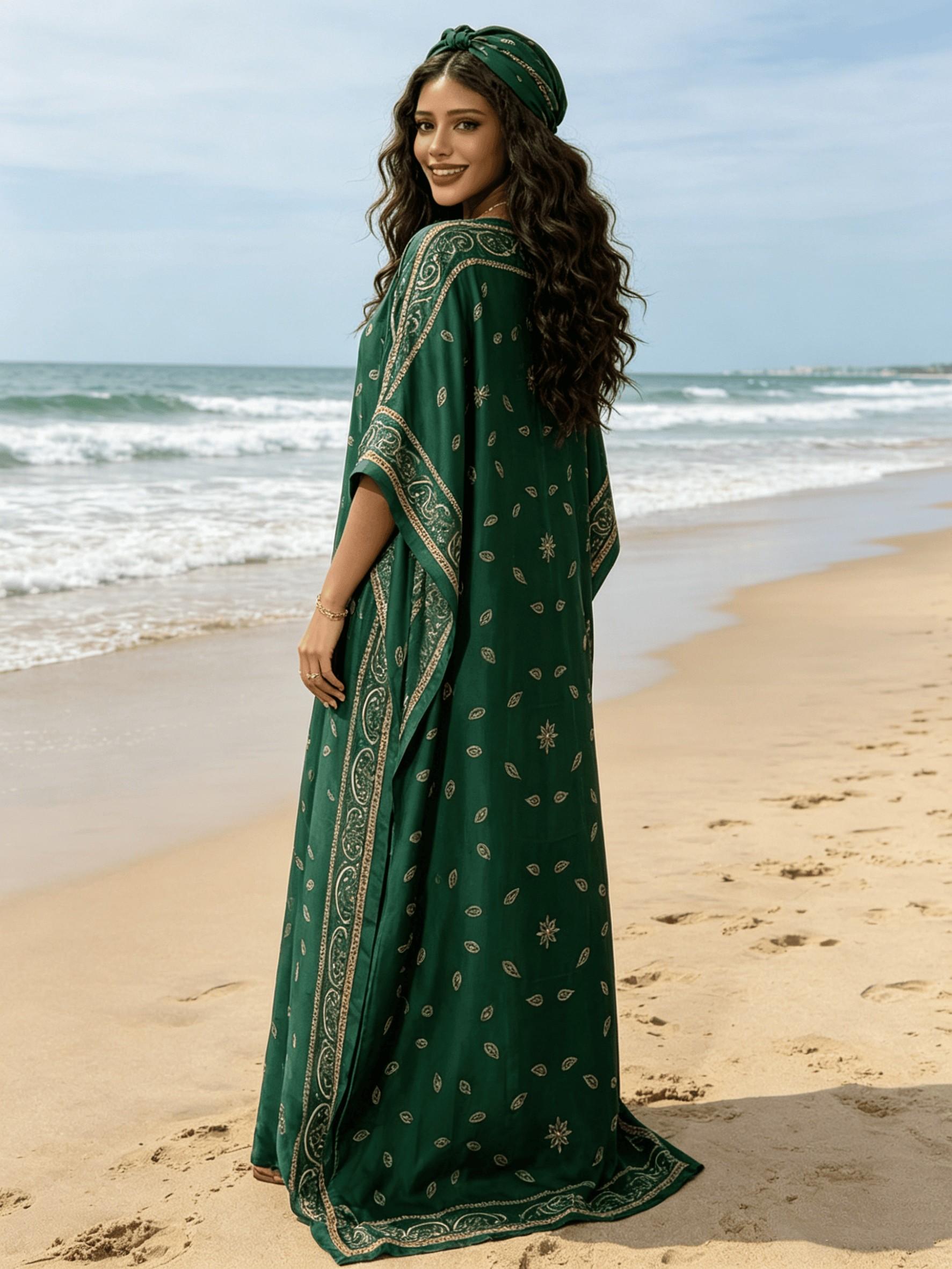2026 New Women's 2 Piece Emerald Green Paisley Print Kaftan Maxi Dress with Matching Statement Scarf, Silky Loose Pleated Robe, Plus Size Friendly, Summer Beach Cover Up, Resort Vacation & Evening Party Wear