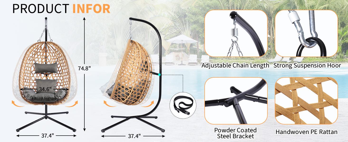 Hanging Egg Chair with Stand – Handwoven Rattan Patio Swing with Cushion, 350lb Capacity – Indoor/Outdoor Chic for Patio, Garden & Poolside