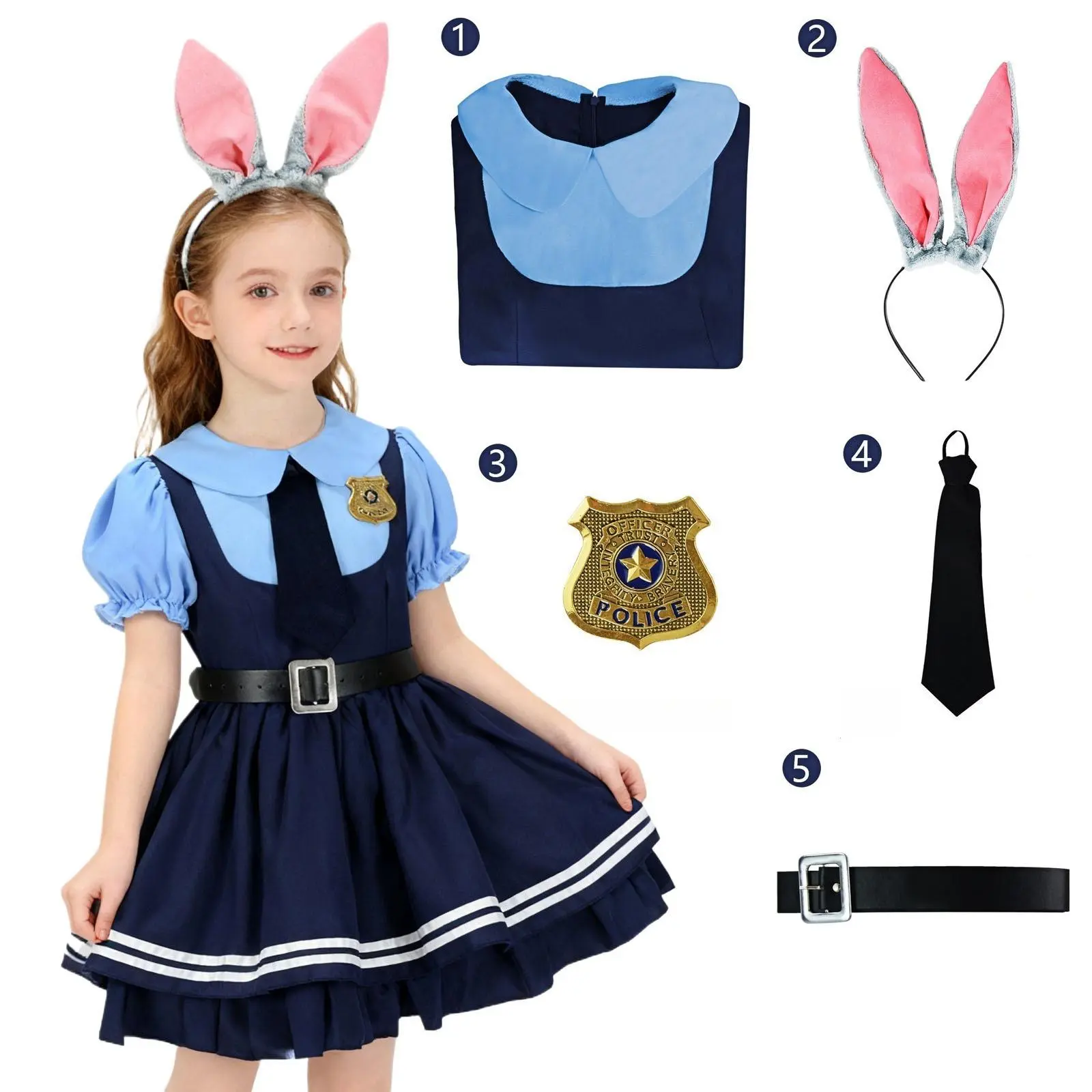 Kids Teen Fall Winter Rabbit Police Officer Costume Dress Uniform Set with Bunny Headband,Girls Halloween Christmas Rabbit Officer Cosplay Outfit Set for Holiday ,Daily Wear Casual Cllothes