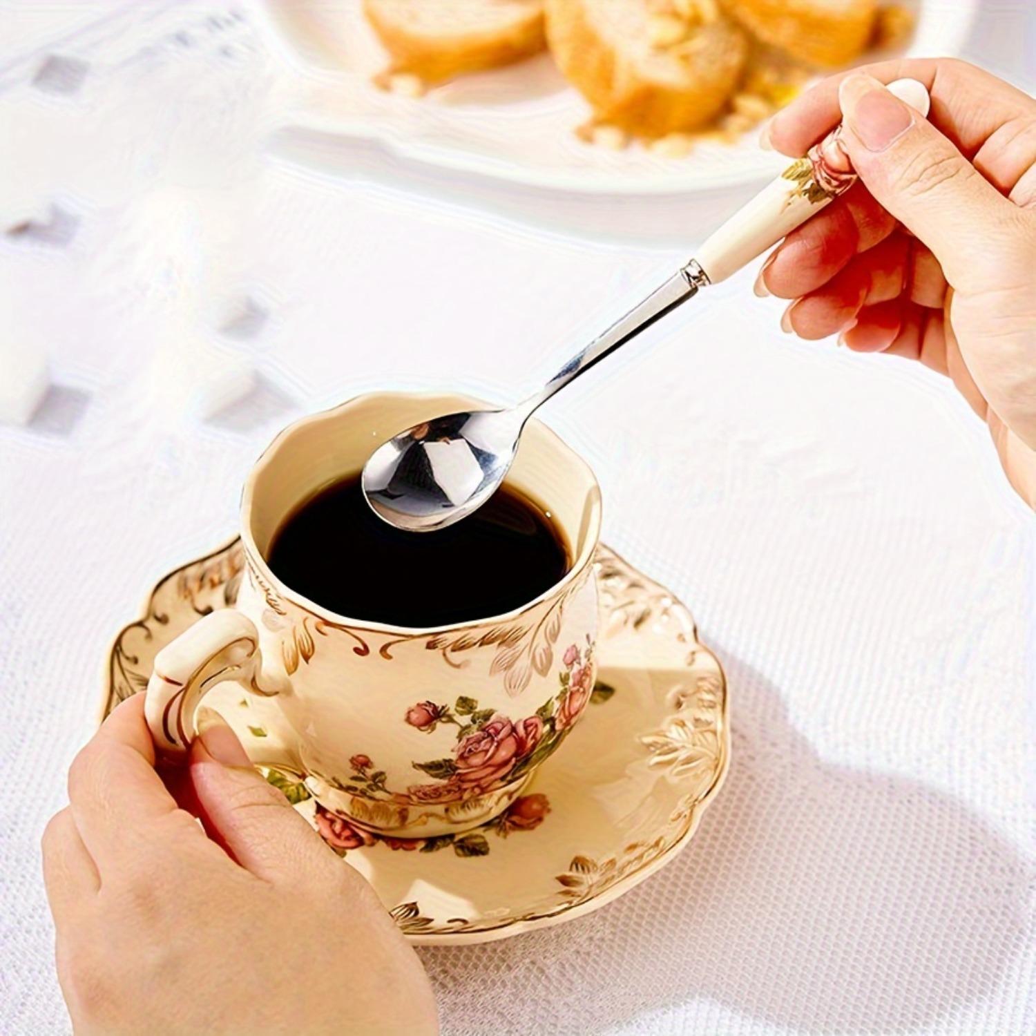 PrimPick A 6-piece set of stainless steel coffee spoons with floral ceramic handles - an elegant mixing and serving tool, suitable for sugar, ice cream and soups - a durable kitchen and dining accessory